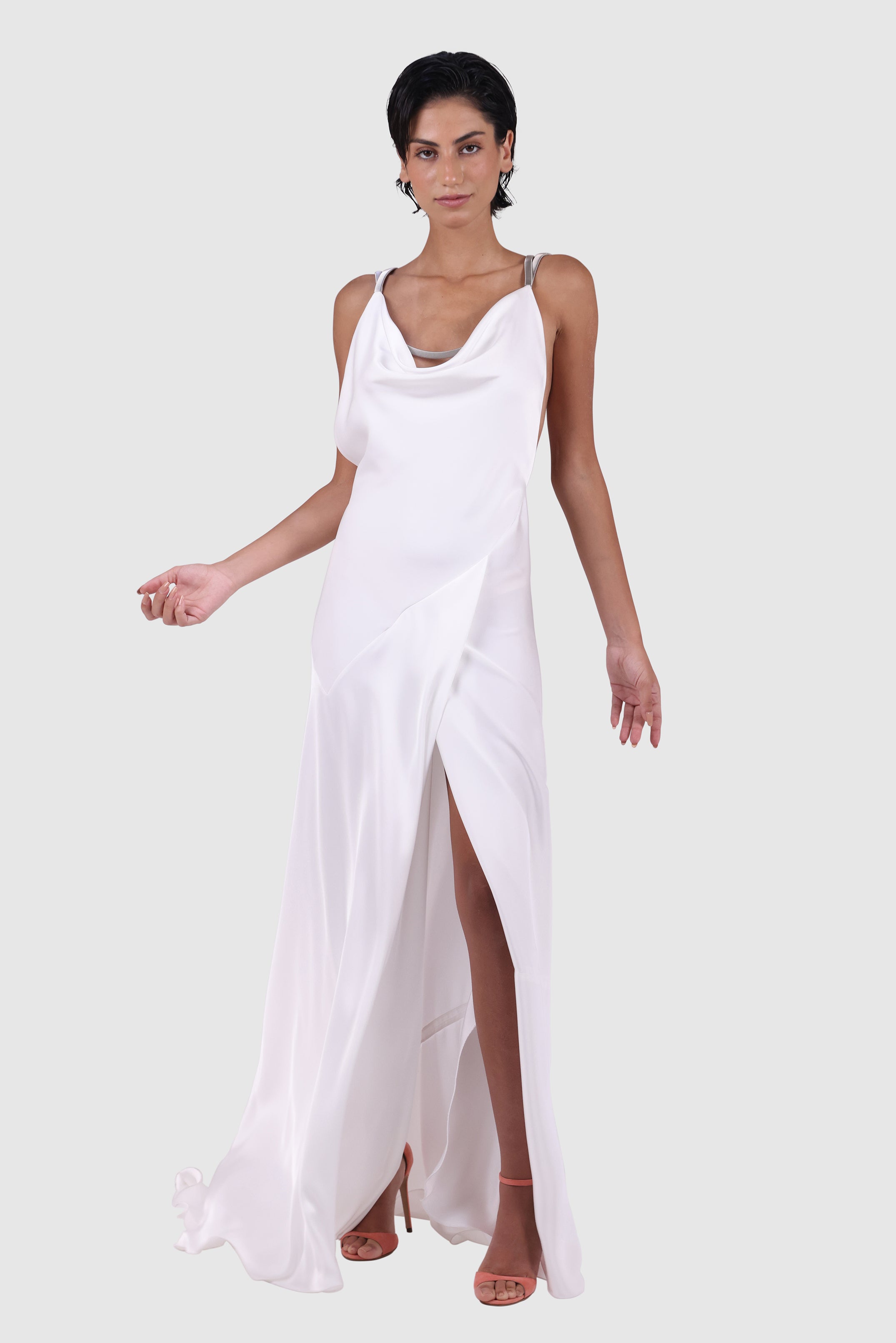 chain satin dress CRYSTAL CHAIN EMBROIDERY SATIN SLEEVELESS EVENING DRESS WITH OPEN BACK