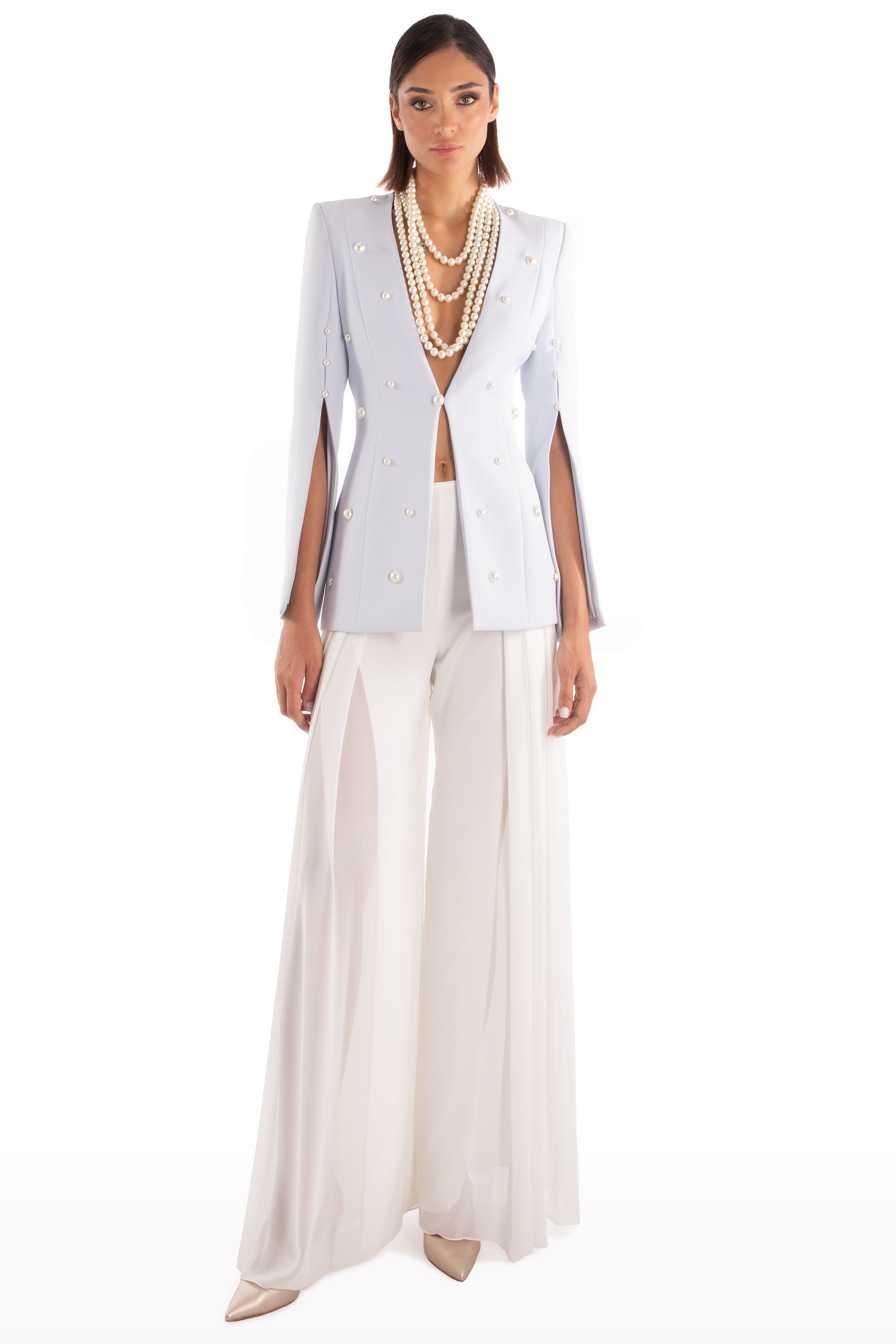 Plunged Faux-Pearl Embellished Jacket