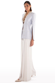 Plunged Faux-Pearl Embellished Jacket