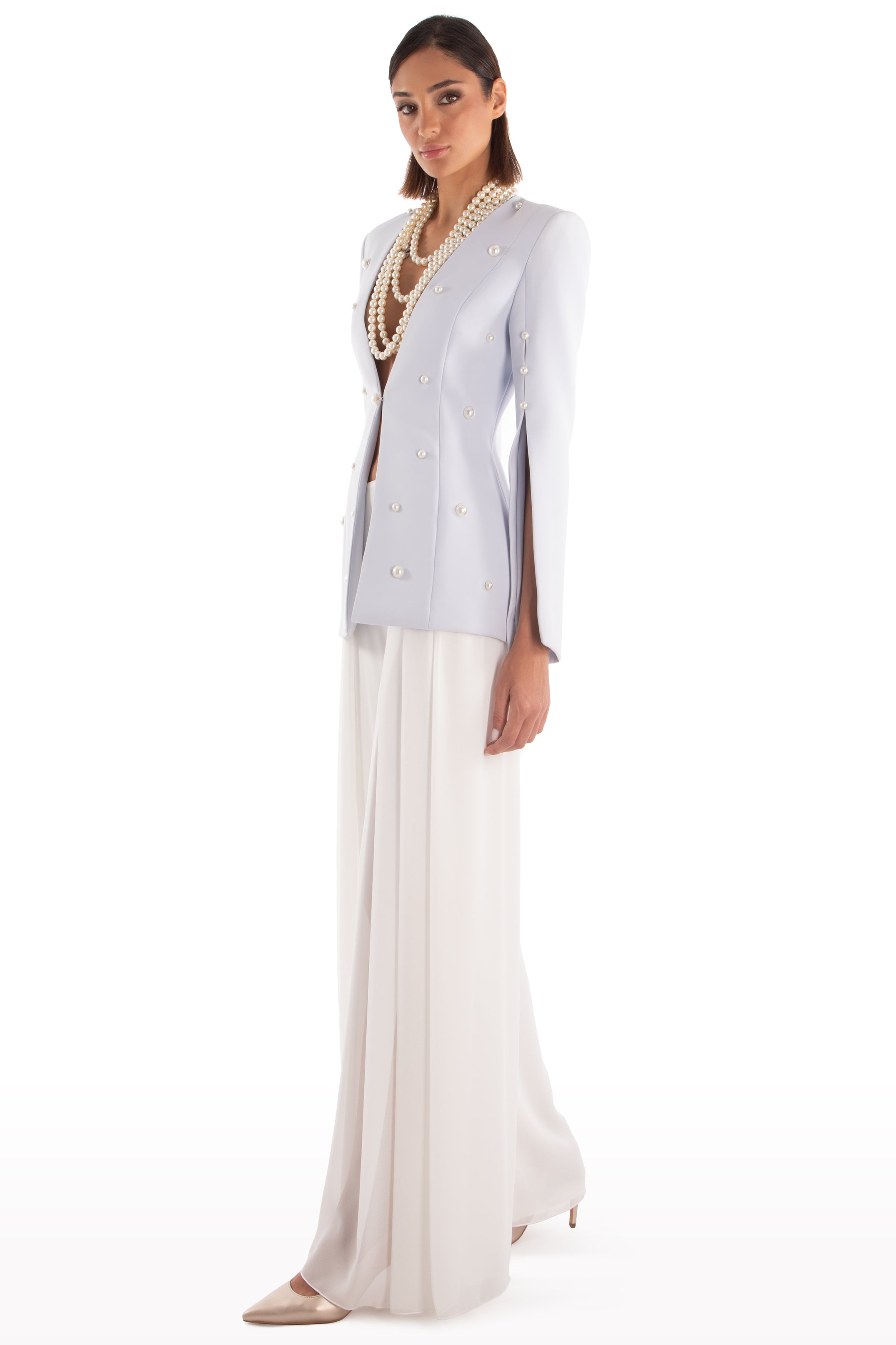 Plunged Faux-Pearl Embellished Jacket
