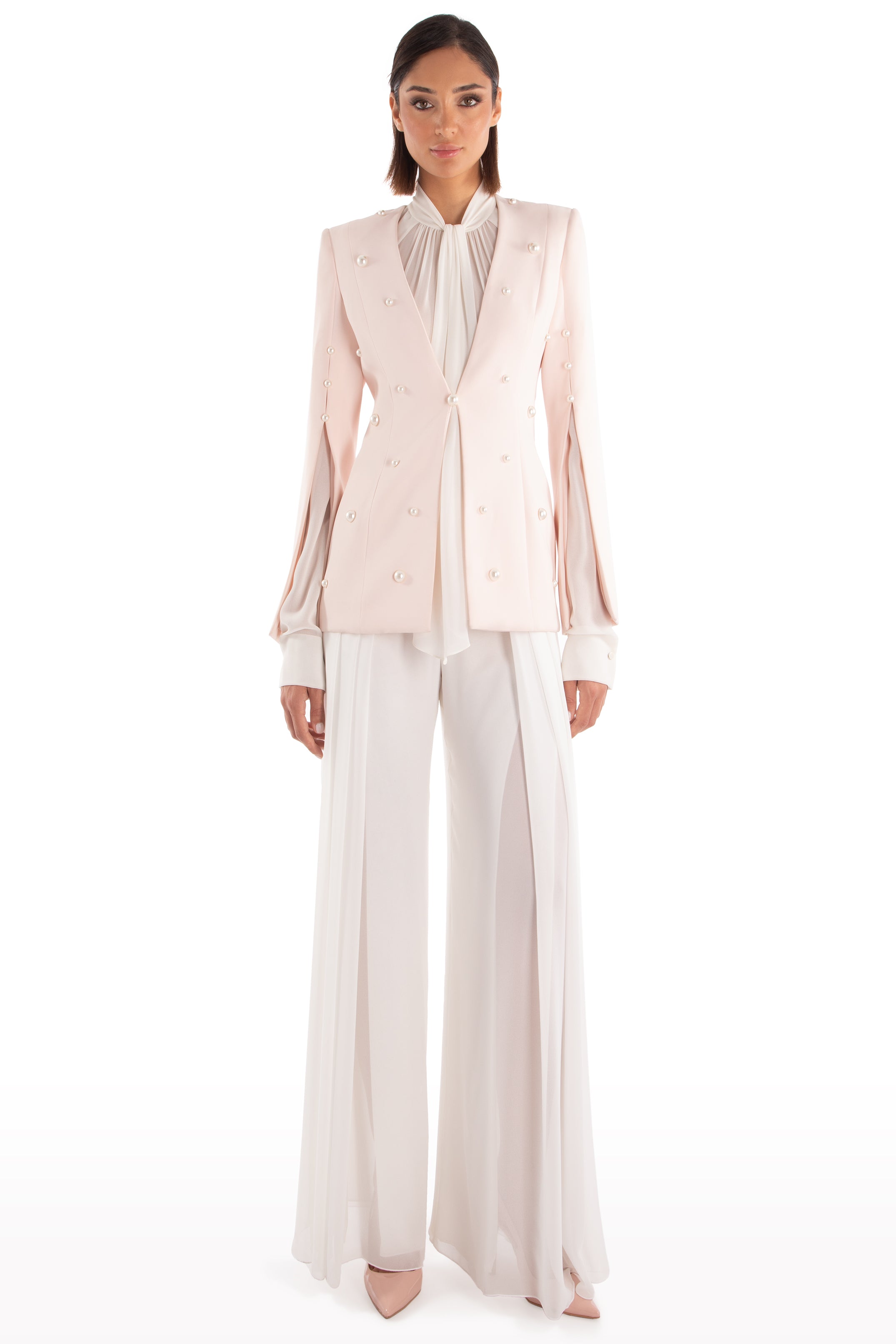 Plunged Faux-Pearl Embellished Jacket