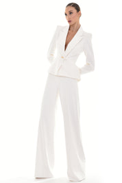 Plunged Neckline Crepe Suit with Bow Detail