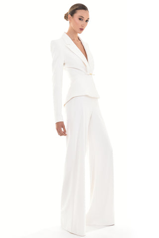 Plunged Neckline Crepe Suit with Bow Detail