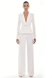 Plunged Neckline Crepe Suit with Bow Detail