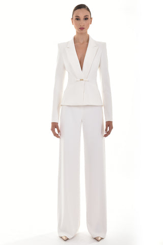 Plunged Neckline Crepe Suit with Bow Detail