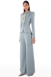 Plunged Neckline Crepe Suit with Bow Detail