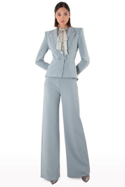 Plunged Neckline Crepe Suit with Bow Detail