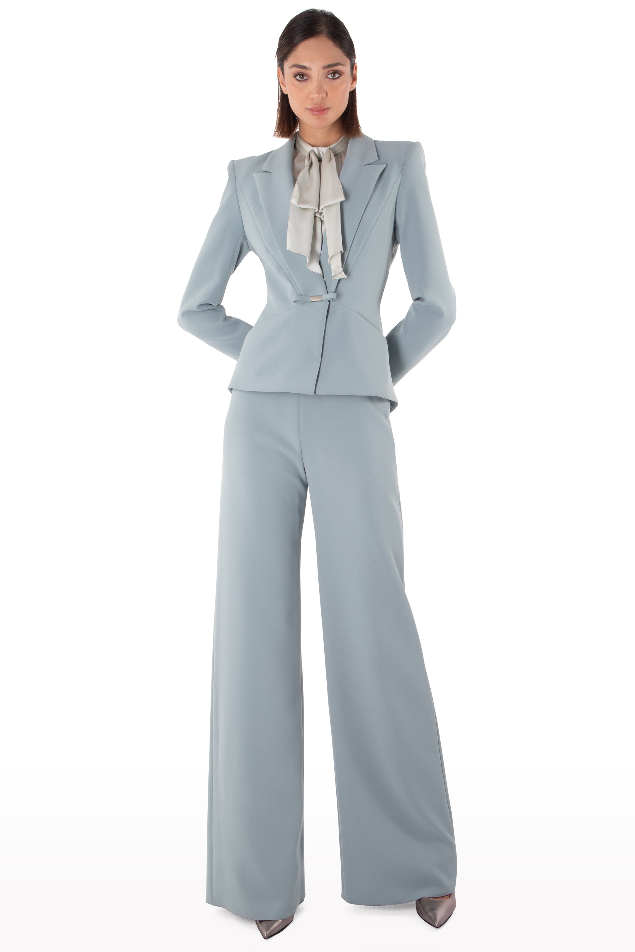 Plunged Neckline Crepe Suit with Bow Detail