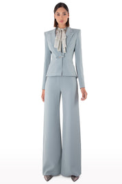 Plunged Neckline Crepe Suit with Bow Detail