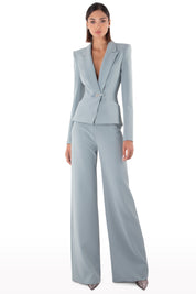 Plunged Neckline Crepe Suit with Bow Detail