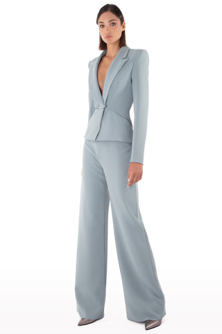 Plunged Neckline Crepe Suit with Bow Detail