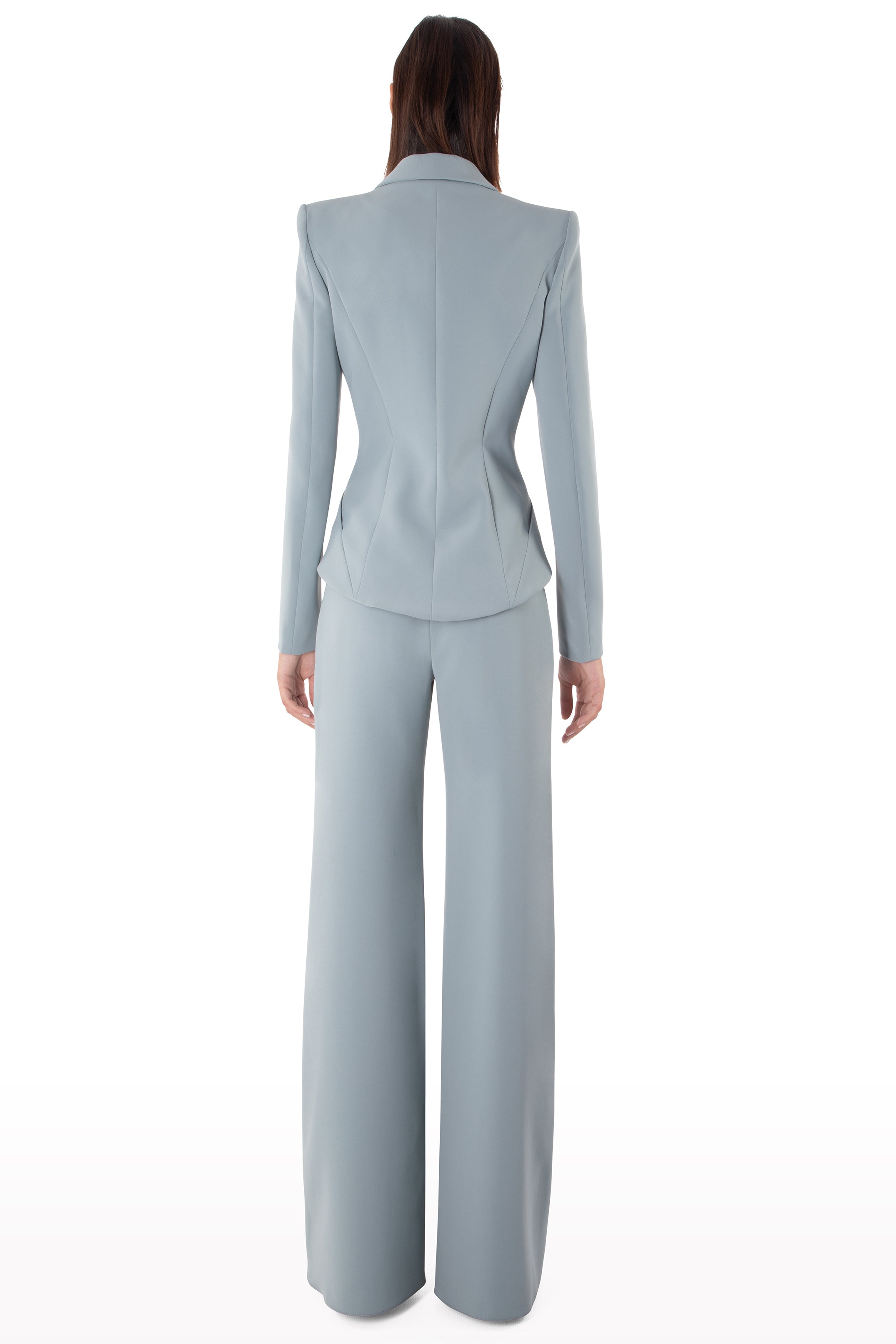Plunged Neckline Crepe Suit with Bow Detail