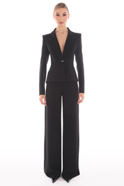 Plunged Neckline Crepe Suit with Bow Detail