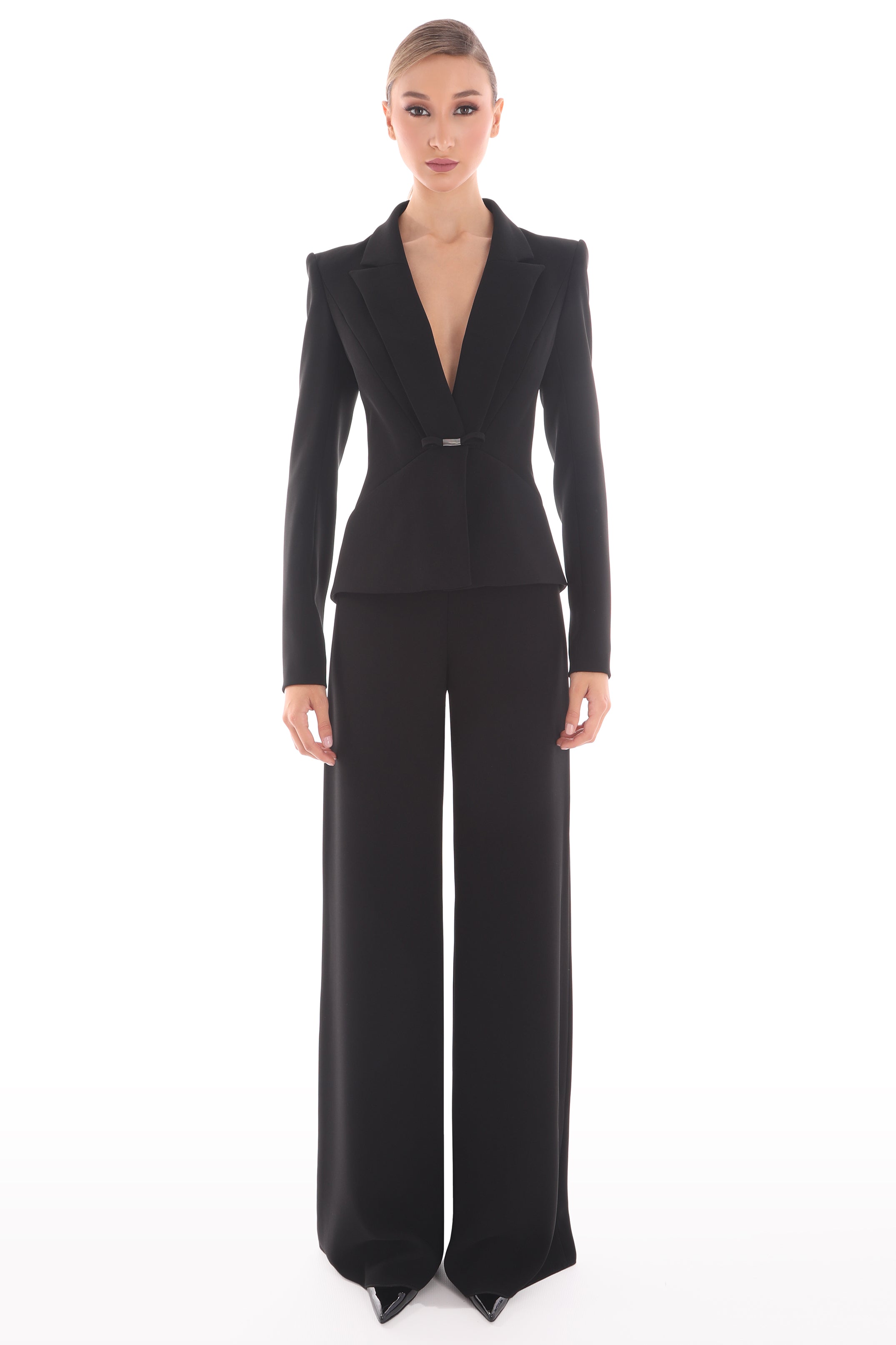 Plunged Neckline Crepe Suit with Bow Detail