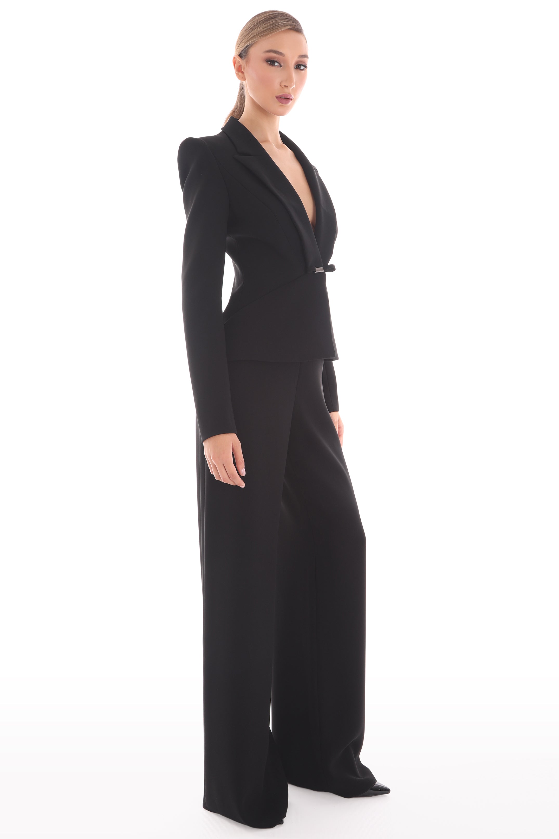 Plunged Neckline Crepe Suit with Bow Detail