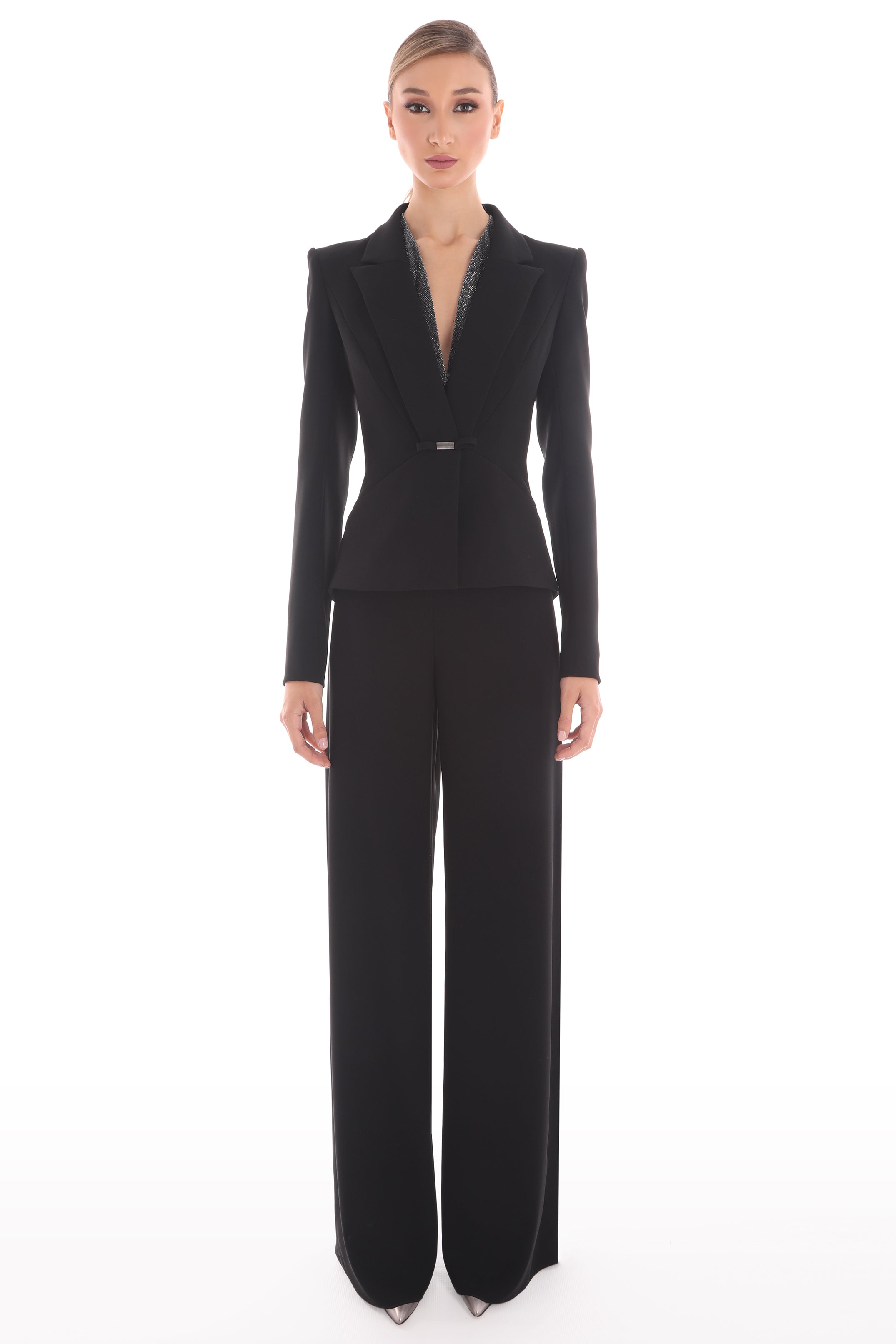 Plunged Neckline Crepe Suit with Bow Detail