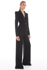 Plunged Neckline Crepe Suit with Bow Detail