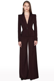 Plunged Neckline Crepe Suit with Bow Detail