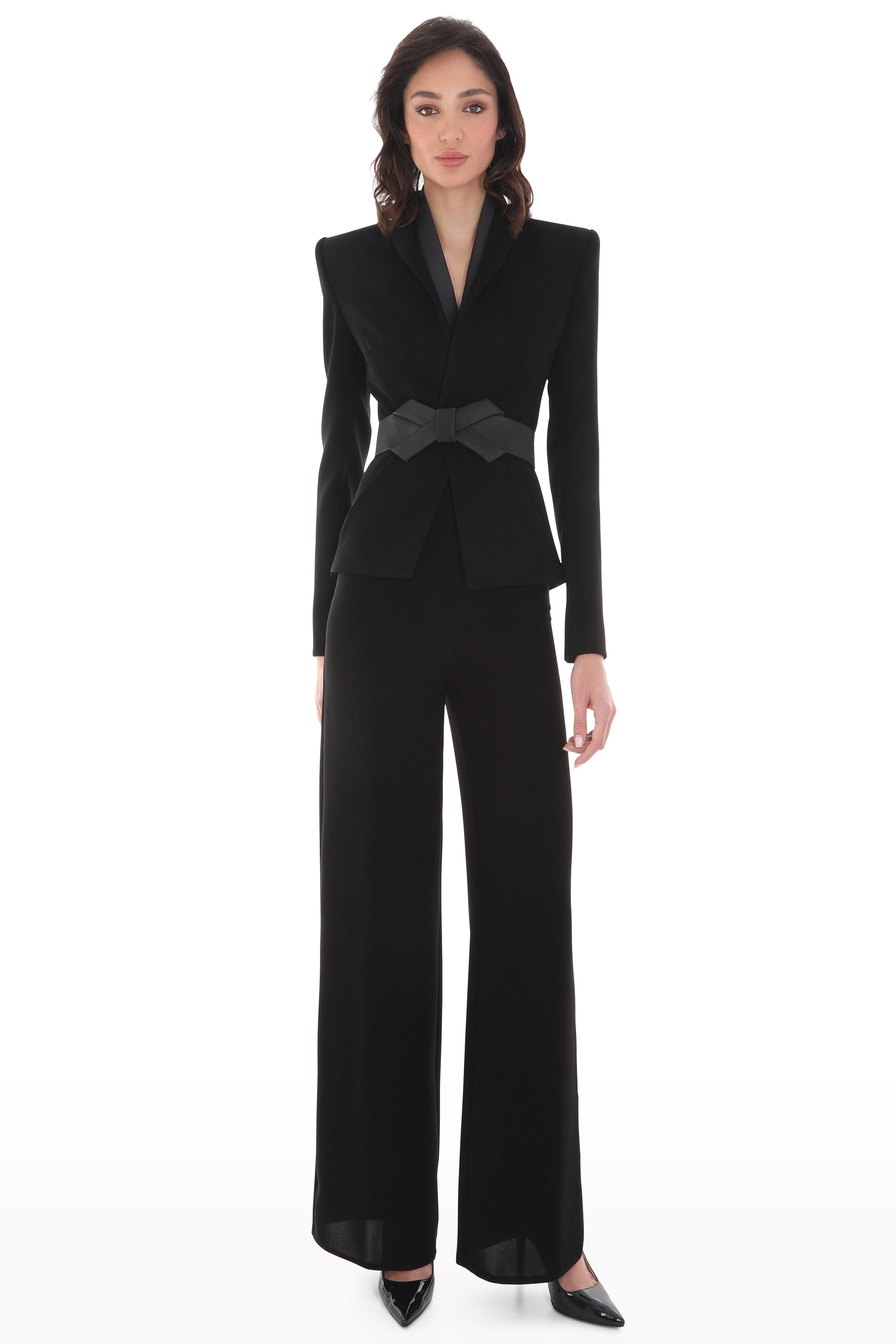 Black Contrast Belt Suit