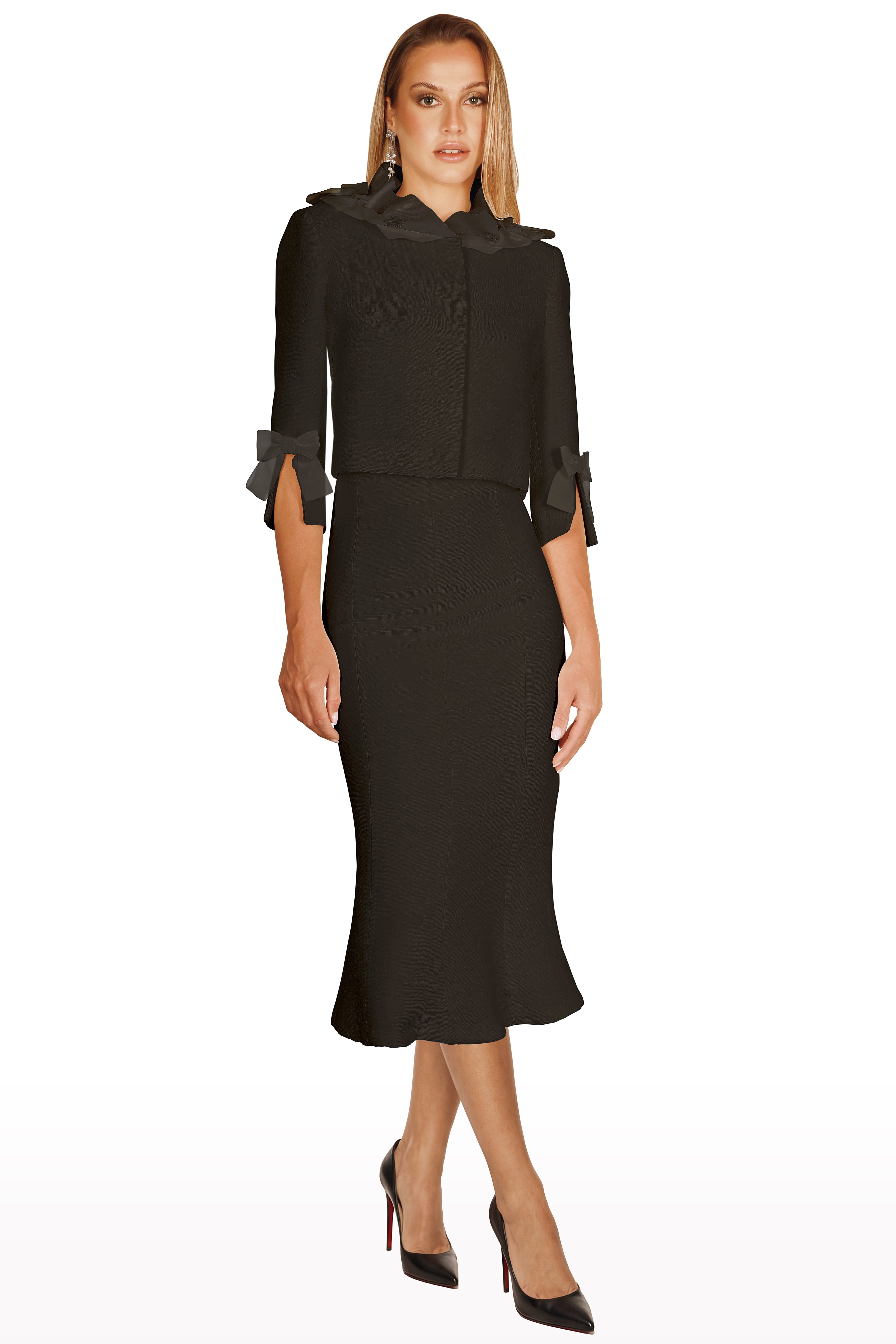 Ruffled Collar Jacket and Midi Skirt Set