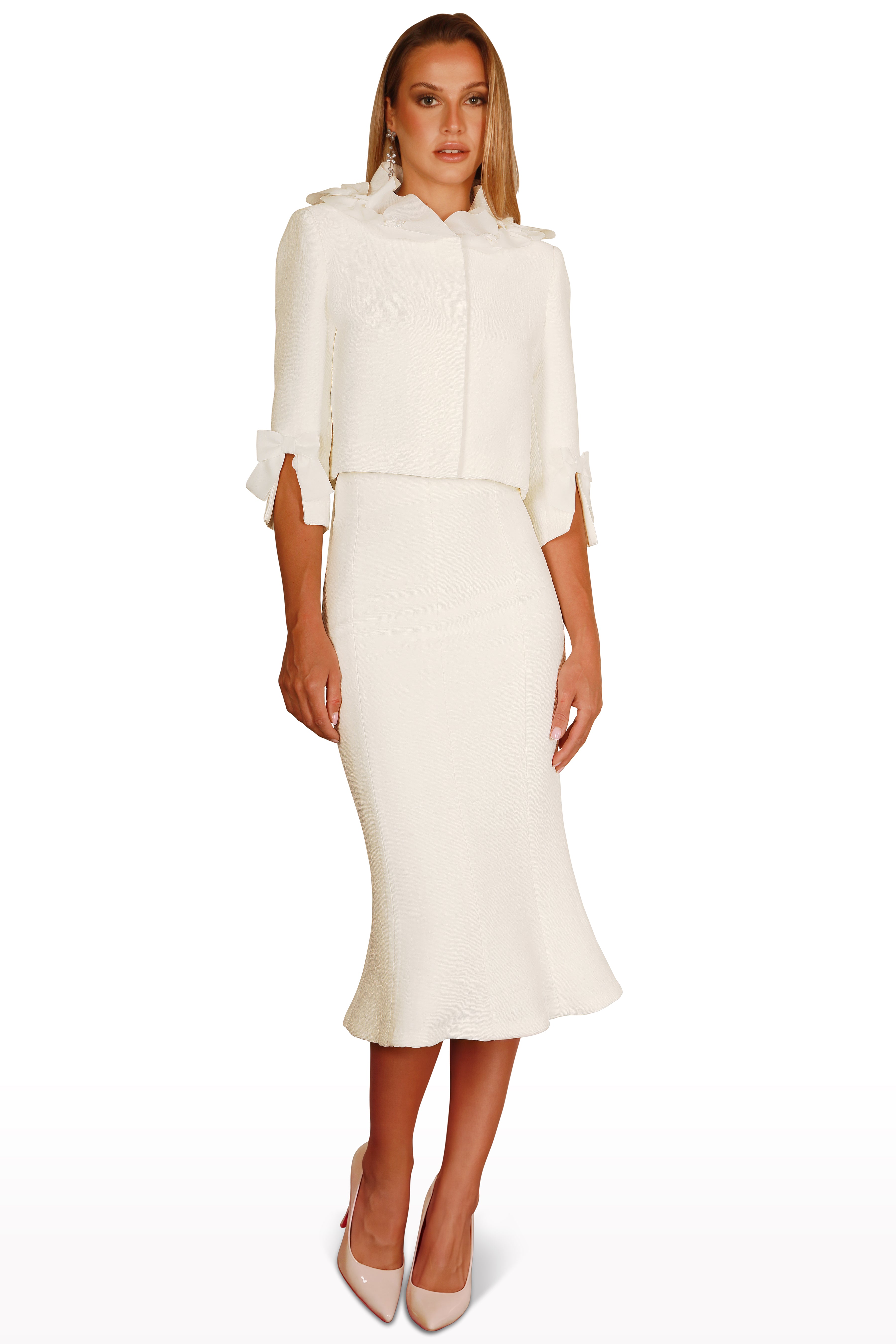 Ruffled Collar Jacket and Midi Skirt Set