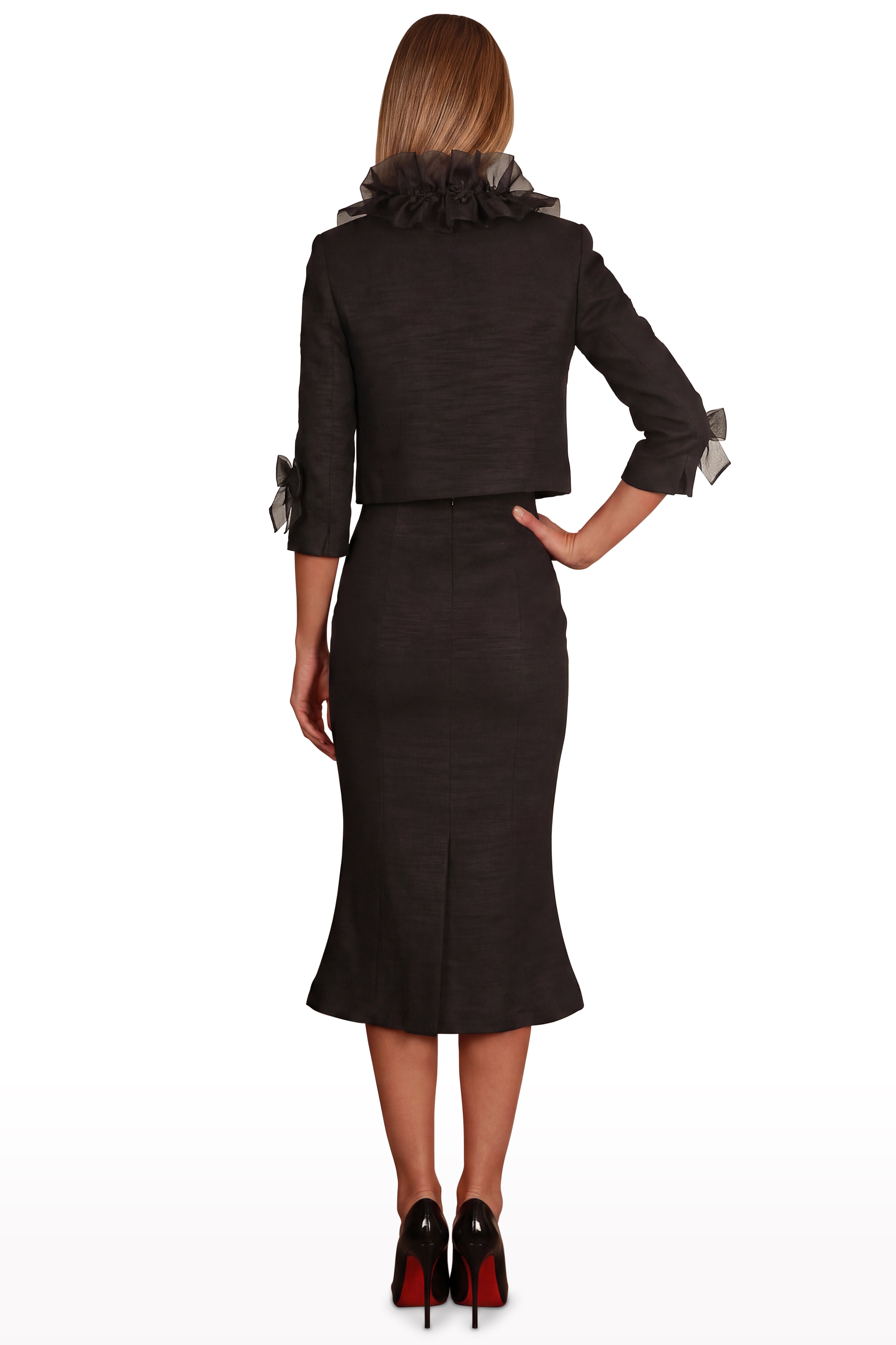 Ruffled Collar Jacket and Midi Skirt Set
