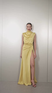 Draped Satin High-Collar Dress