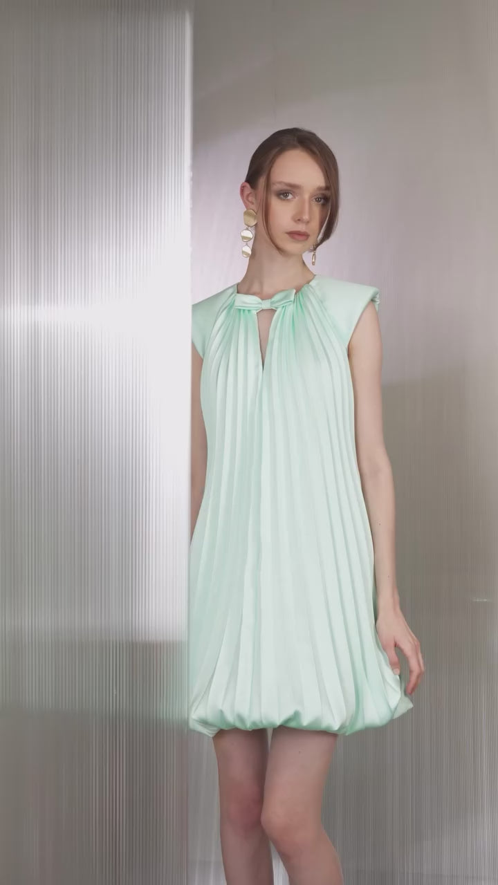 Pleated Mini Dress with Bow Detail