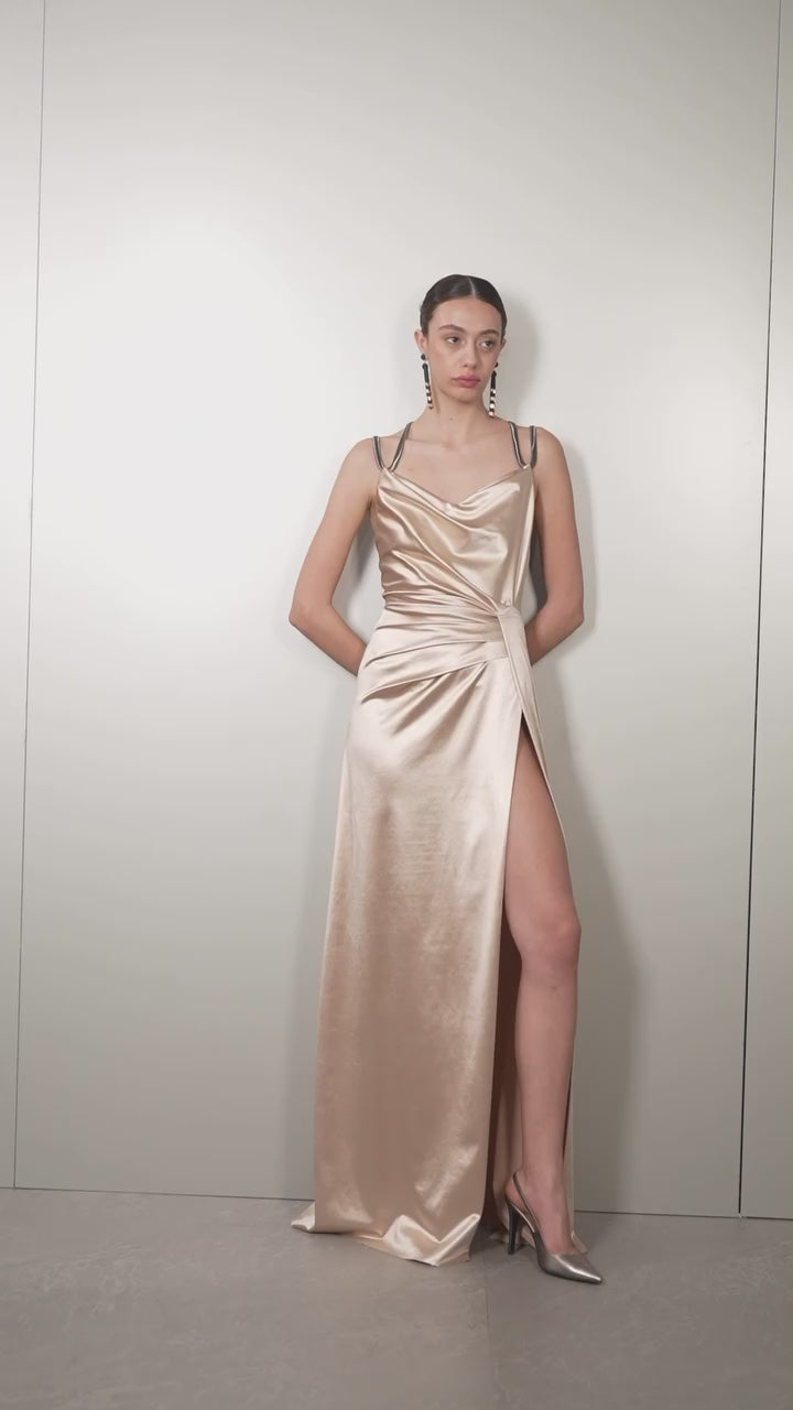 Chain Strap Satin Draped Dress