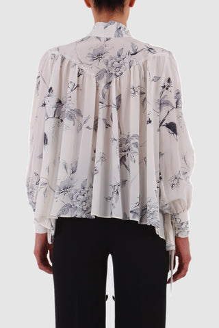 Floral printed silk crepe de chine pussy-bow blouse