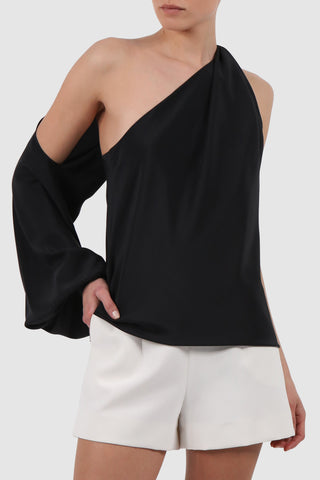 One-sleeve cut-out silk blouse