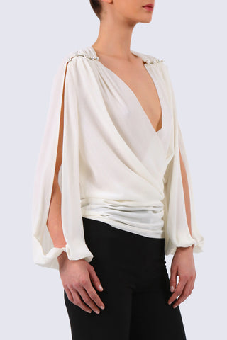 Plunged wrap effect chiffon blouse