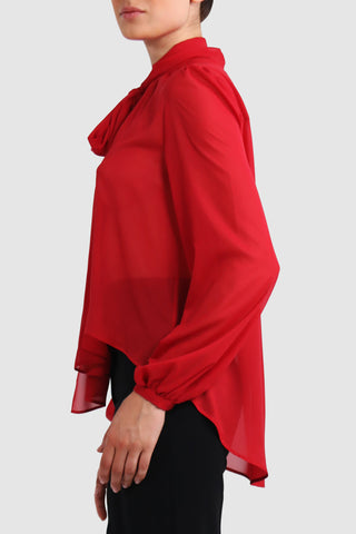Asymmetric pussy-bow chiffon blouse