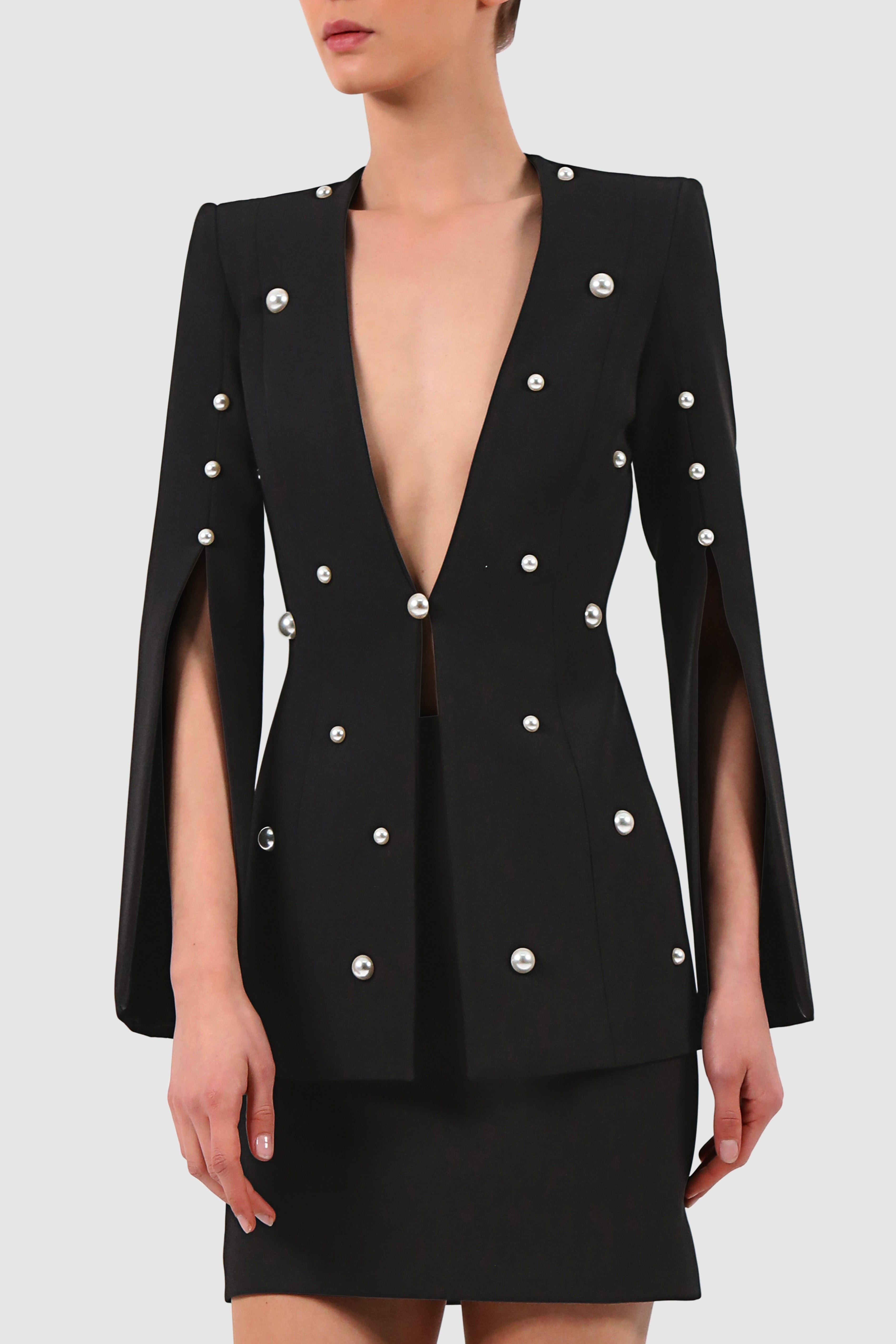 Plunged Faux-Pearl Embellished Jacket
