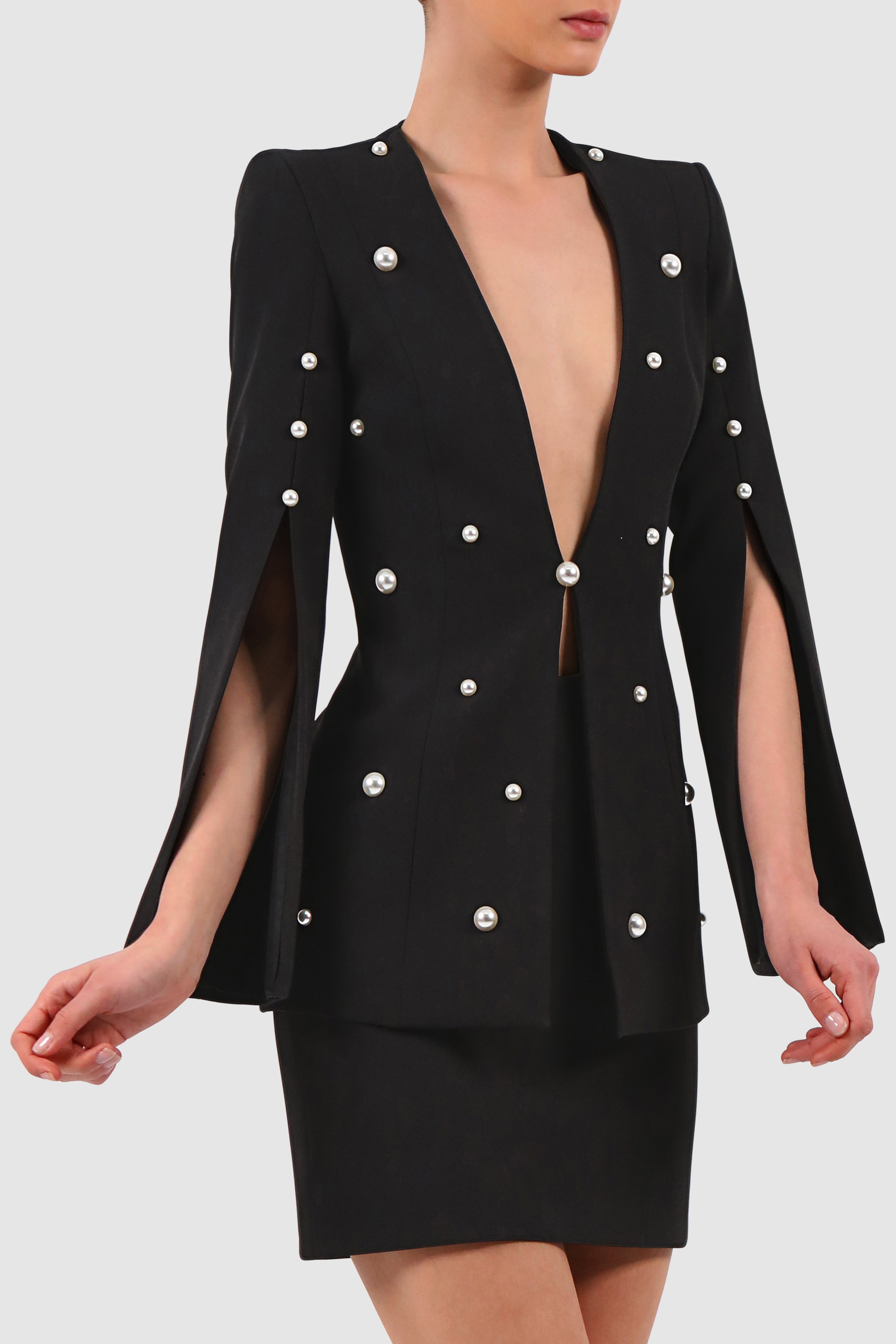 Plunged Faux-Pearl Embellished Jacket