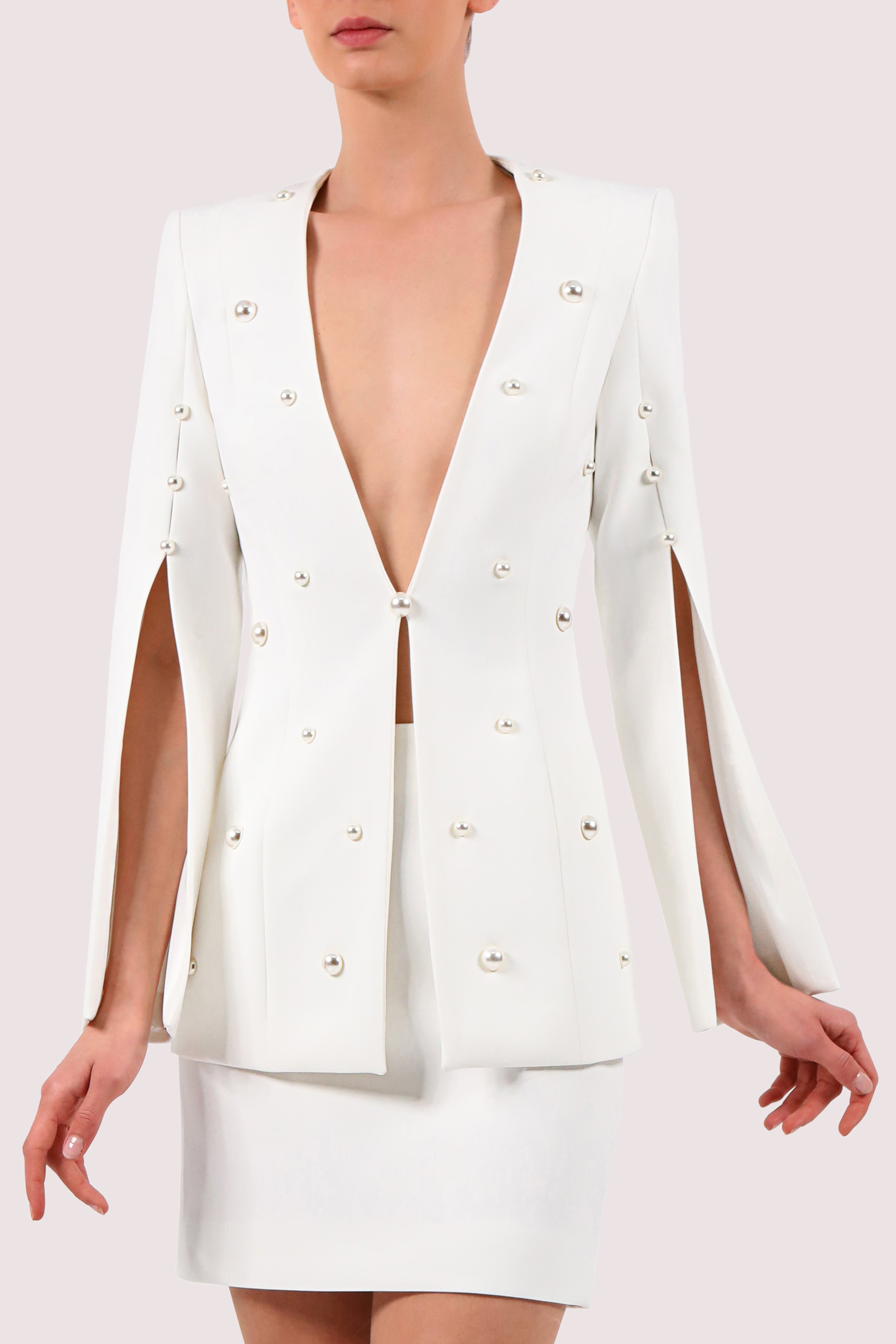 Plunged Faux-Pearl Embellished Jacket
