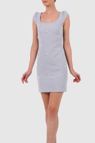Faux pearl-embellished crepe mini dress