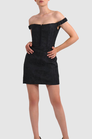 Corset printed-satin brocade off-shoulder mini dress