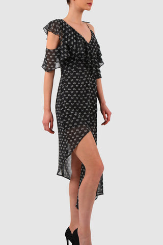 Asymmetric ruffles printed chiffon midi dress