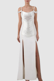 Tulle-Paneled Thread Fringed Gown