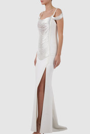 Tulle-Paneled Thread Fringed Gown