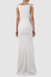 Tulle-Paneled Thread Fringed Gown