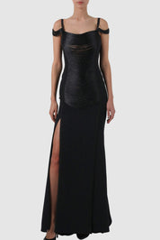 Tulle-Paneled Thread Fringed Gown