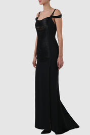 Tulle-Paneled Thread Fringed Gown