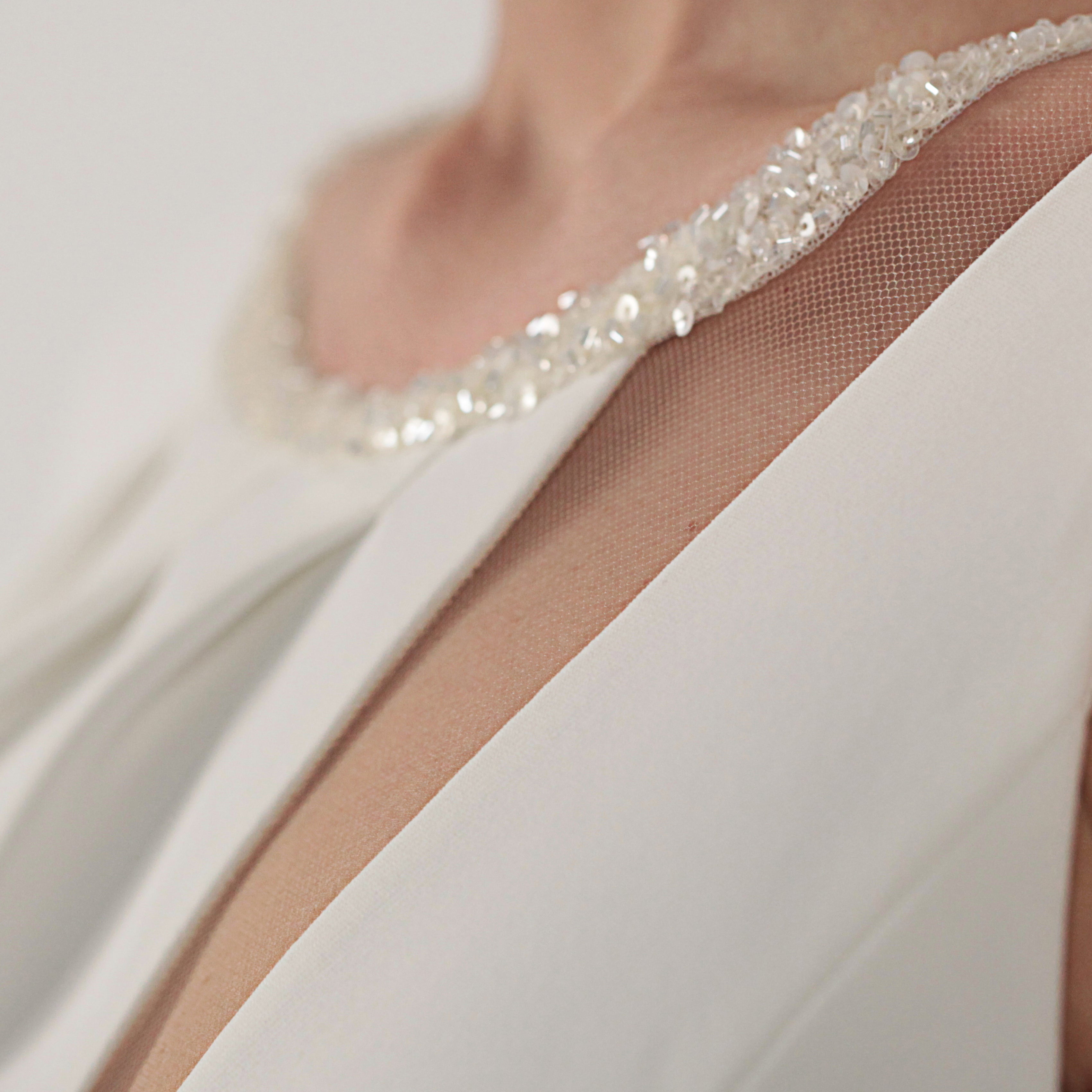 Two-Tone Embroidered Tulle-Paneled Crepe Gown