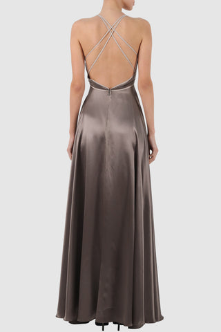 Plunged two-tone silk gown