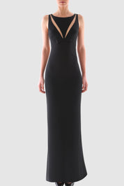 Cut Out Tulle-Paneled Sleeveless Crepe Gown