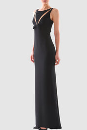 Cut Out Tulle-Paneled Sleeveless Crepe Gown