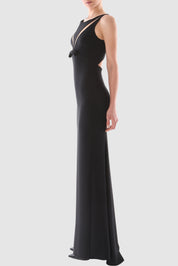 Cut Out Tulle-Paneled Sleeveless Crepe Gown
