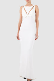 Cut Out Tulle-Paneled Sleeveless Crepe Gown